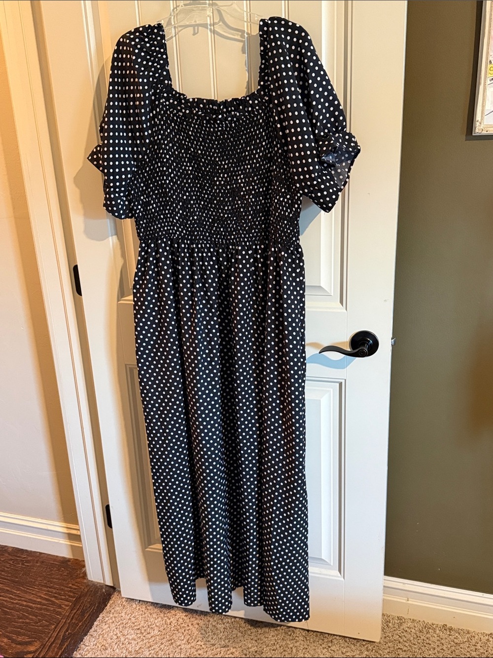 Amazon Black and White Polka Dot Maxi Dress with stretchy smocked bodice
